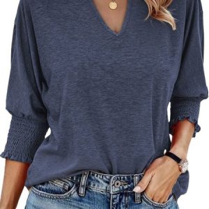 V Neck Half Sleeve Plain Regular Micro-Elasticity Regular Fit Blouse For Women, Blouses, color:Deep Blue|size:XXL, catalog Noracora shop