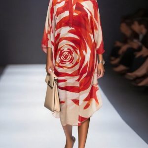 Elegant Floral Dolman Sleeve Printing Stand Collar Midi Dress, Midi Dresses, color:Red|size:XXL, Stylewe
