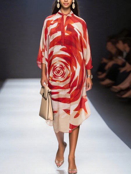 Elegant Floral Dolman Sleeve Printing Stand Collar Midi Dress, Midi Dresses, color:Red|size:XXL, Stylewe
