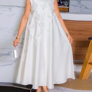 Elegant Floral Embroidery Bow Midi Dress, Midi Dresses, color:White|size:XXL, Stylewe