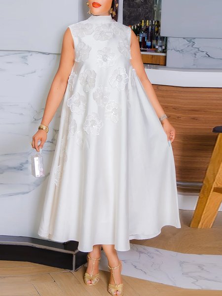 Elegant Floral Embroidery Bow Midi Dress, Midi Dresses, color:White|size:XXL, Stylewe