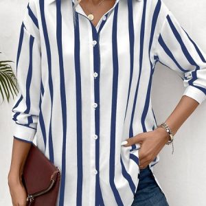 Shirt Collar Long Sleeve Striped Regular Loose Shirt For Women, Shirts, color:Blue|size:4XL, catalog Noracora shop