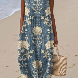 Women Floral Summer Dress Crew Neck Sleeveless A-Line Dress, Dresses, color:Navy Blue|size:4XL, catalog Noracora shop