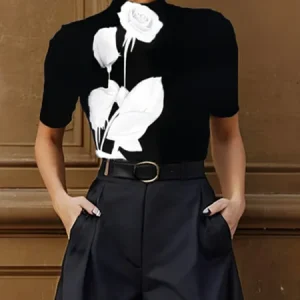 Urban Floral Printing Stand Collar T-shirt, Tees, color:Black|size:XXL, Stylewe