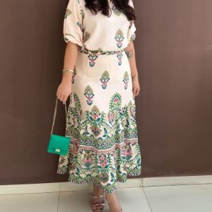 2 Pieces Outfit Half Sleeve Hollow-out Back Top and Elastic Back Waist Ruffle Hem Skirt Set Vintage Tribal Print Vacation Set, women Two-piece Sets, ChicMe catalog