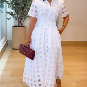 Turn-down Collar Plaid Mesh Double-Layered Cinched Waist Maxi Dress Button Down Bow Tie Waist Commuting Dress, women Maxi Dresses, ChicMe catalog