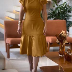 Butterfly Sleeve Hollow-out Back Shirred Dress Casual Cinched Waist Lace Trim Ruffle Hem Commuting Dress, women Casual Dresses, ChicMe catalog