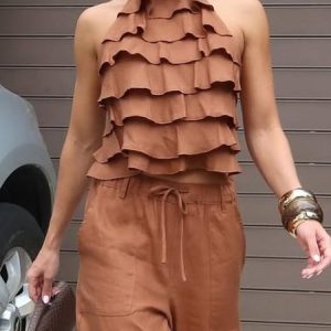 Cotton And Linen Urban Plain Peplum Halter Tank Top, Tanks and Camis, color:Brown|size:XXL, Stylewe