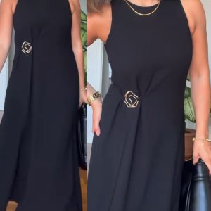 Round Neck Sleeveless Mental Buckle Casual Slit Slim Fit Maxi Dress, women Work Dresses, ChicMe catalog