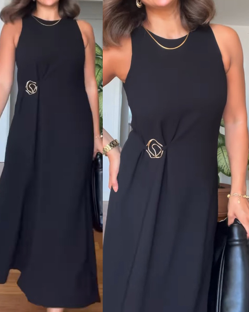 Round Neck Sleeveless Mental Buckle Casual Slit Slim Fit Maxi Dress, women Work Dresses, ChicMe catalog