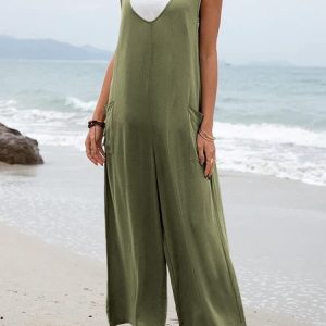 Women Plain Crew Neck Sleeveless Casual Summer Jumpsuit, JustFashionNow Jumpsuits＆Rompers, color:Light_green|size:3XL,