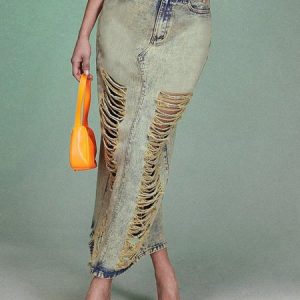 Urban Distressing Plain Maxi Denim Skirt, Denim Skirts, color:Denim Blue|size:XXL, Stylewe