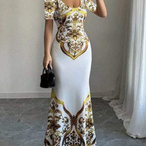 Casual Random Print Printing U-Neck Maxi Dress, Maxi Dresses, color:White-Yellow|size:XXL, Stylewe