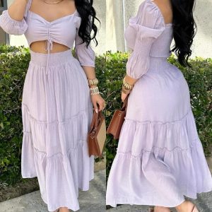 Sweetheart Neck Puff Sleeve Maxi Hollow-out Lace-up Dress, women Midi Dresses, ChicMe catalog