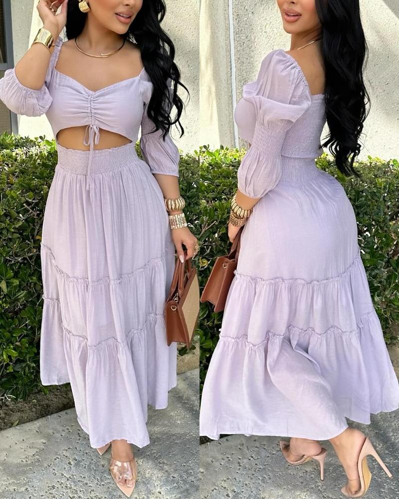 Sweetheart Neck Puff Sleeve Maxi Hollow-out Lace-up Dress, women Midi Dresses, ChicMe catalog