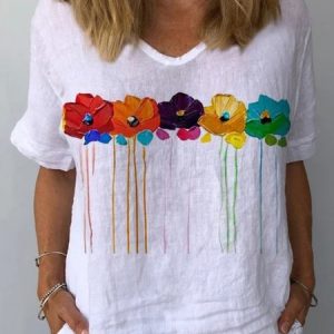 Casual Floral V Neck Cotton Short Sleeve Loosen Floral Top, Tees & T-shirts, Roselinlin - Online Catalog