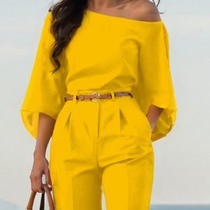 Urban Plain Irregular Craftsmanship One Shoulder Balloon Sleeve Blouse, Blouses and Shirts, color:Yellow|size:XS, Stylewe