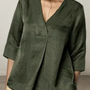 STYLE WE x CHILLINEN |Cotton And Linen Linen Plain V Neck Blouse, Blouses and Shirts, color:Green|size:XL, Stylewe