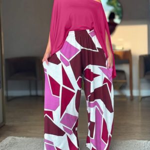 Cold Shoulder Batwing Sleeve Top and Colorblock Wide Leg Pants Set, women Two-piece Sets, ChicMe catalog