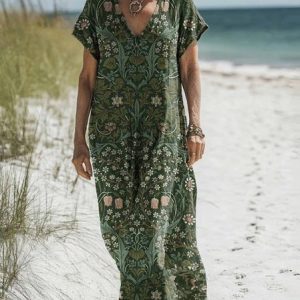 Women's Vintage Floral Print V-Neck Dress, Dresses, Lilicloth.com