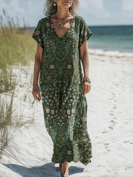 Women's Vintage Floral Print V-Neck Dress, Dresses, Lilicloth.com