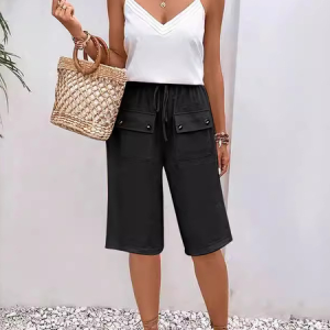 Women Plain Fifth Pants Elastic Waist Pants Casual Summer Trousers, Shorts, color:Black|size:XXL, catalog Noracora shop