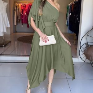 One Shoulder Asymmetrical Ruffles Sleeve Tie Waist Party Dress Casual Zipper Side Cinched Waist Asymmetrical Hem Vacation Dress with Belt, women Party Dresses, ChicMe catalog
