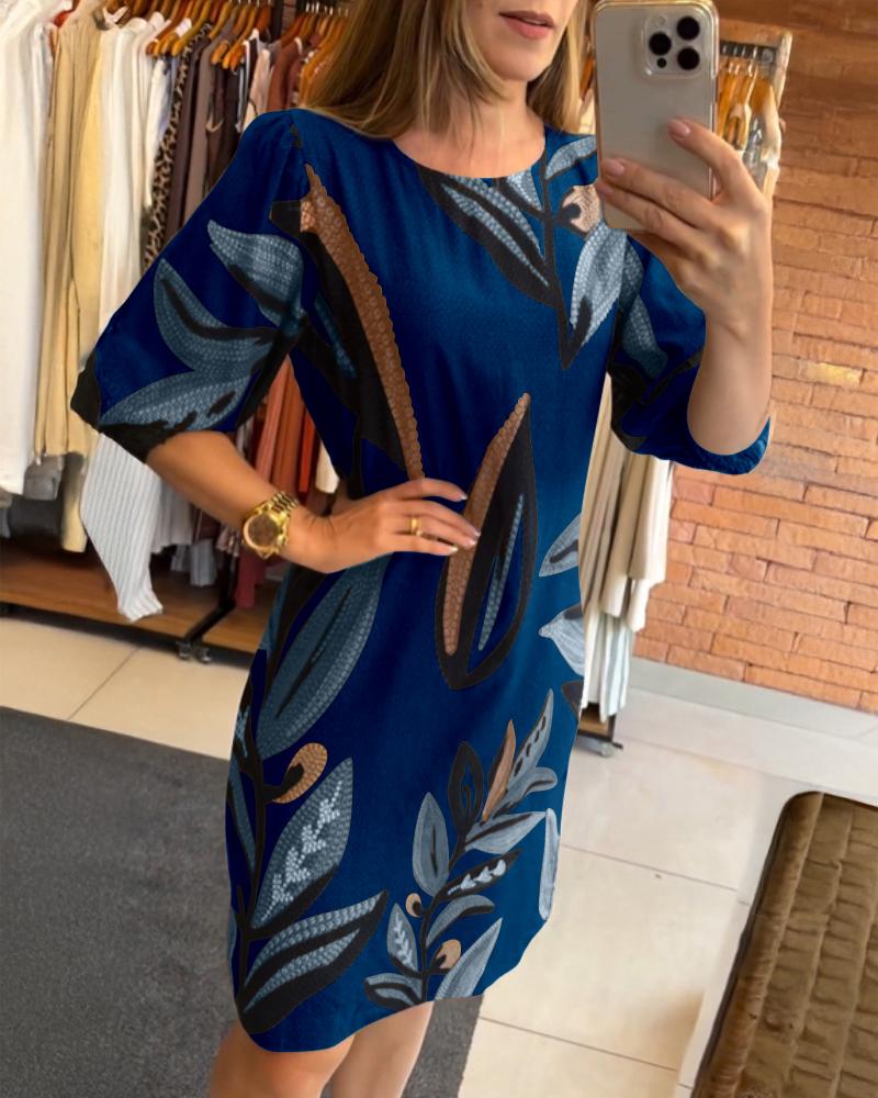 Vintage Plants Print Round Neck Puff Sleeve Midi Dress Casual Hollow-out Back Shirred Cuffs Vacation Dress, women Print Dresses, ChicMe catalog - Image 3