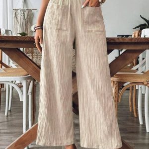 Women Plain Long Elastic Waist Pants Casual Spring/Fall Trousers, JustFashionNow Pants, color:Off White|size:XXL