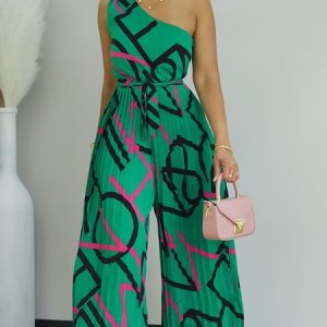 Vacation Pleated Letter Pattern One Shoulder Tank Jumpsuit, Jumpsuits, color:Green|size:XXL, Stylewe