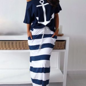2 Pieces Outfit Anchor Print Skew Neck Short Sleeve Top and Casual Striped Drawstring Elastic Waist Skirt Set, women Two-piece Sets, ChicMe catalog