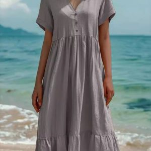 Women Plain Summer Dress V Neck Short Sleeve T-Shirt Dress H-Line Dress, Dresses, color:Gray|size:3XL, catalog Noracora shop