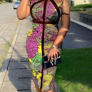 Elegant Random Print Split Joint Crew Neck Knee Length Dress, Midi Dresses, color:As Picture|size:XXL, Stylewe