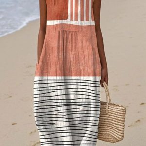 Women Colorblock Summer Dress Crew Neck Sleeveless A-Line Dress, Dresses, color:Red|size:4XL, catalog Noracora shop