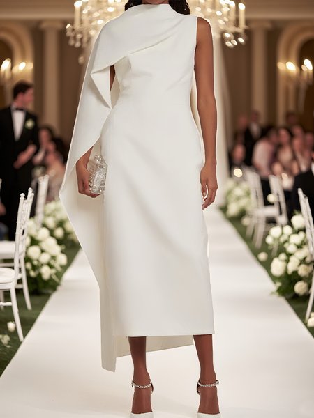 Elegant Plain Asymmetric Midi Party Dress, Maxi Dresses, color:White|size:XXL, Stylewe