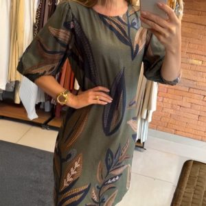 Vintage Plants Print Round Neck Puff Sleeve Midi Dress Casual Hollow-out Back Shirred Cuffs Vacation Dress, women Print Dresses, ChicMe catalog