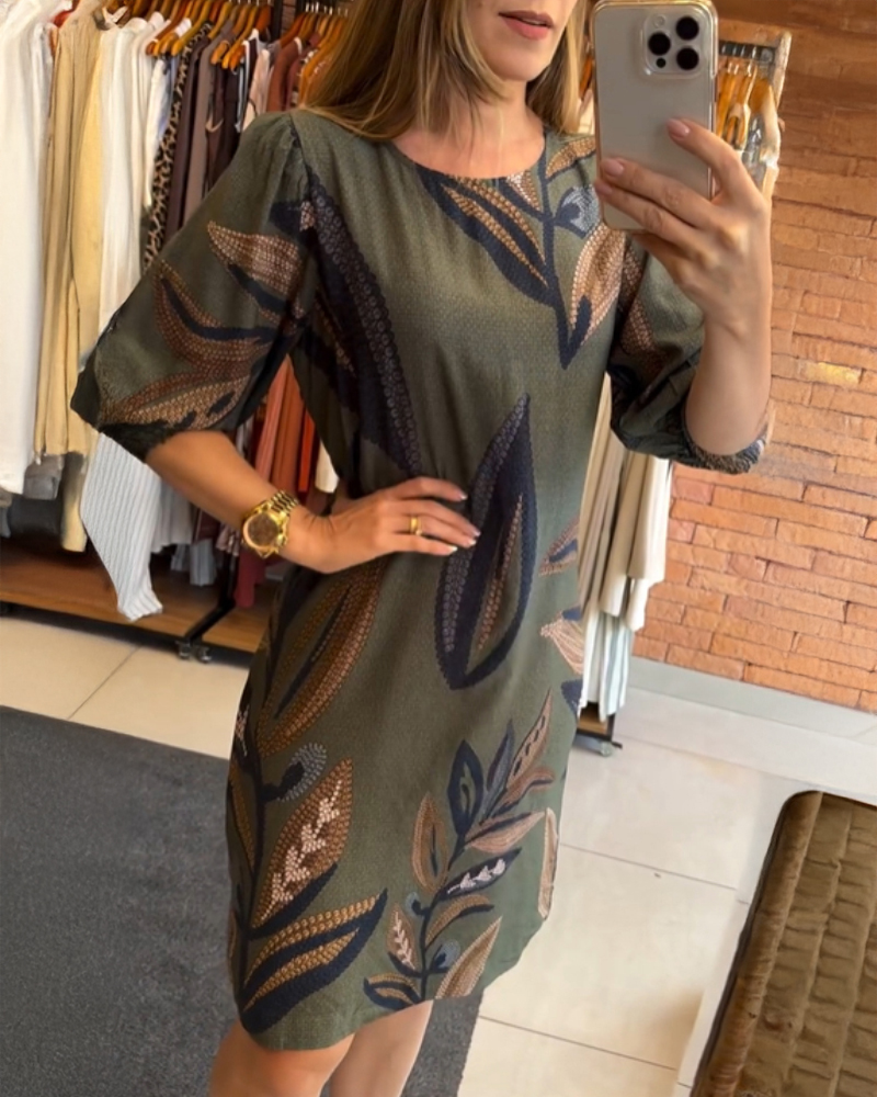 Vintage Plants Print Round Neck Puff Sleeve Midi Dress Casual Hollow-out Back Shirred Cuffs Vacation Dress, women Print Dresses, ChicMe catalog
