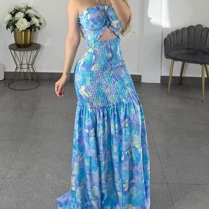 Floral Print Halter Hollow Out Maxi Dress Casual Shirred Fishtail Dress, women Print Dresses, ChicMe catalog