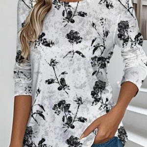 Floral Casual Crew Neck Jersey T-Shirt, Long sleeves, Lilicloth.com