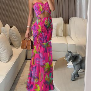 Tropical Print Bandeau Sleevless High Waist Hollow-out Maxi Dress, women Maxi Dresses, ChicMe catalog