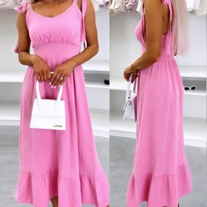 Sholulder Tied Detail Waist Shirred Midi Dress Casual Ruched Ruffles Hem Dress, women Casual Dresses, ChicMe catalog