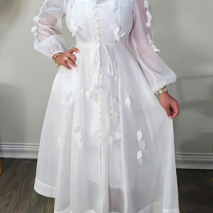 Elegant Plain 3D Floral Mock Neck Midi Dress, Midi Dresses, color:White|size:XXL, Stylewe
