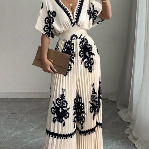 Casual Raglan Sleeve Pleated Random Print V Neck Jumpsuit, Jumpsuits, color:As Picture|size:XXL, Stylewe