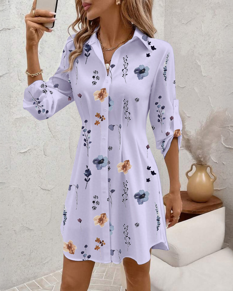 Watercolor Floral Print Turn-down Collar Turn-Up Sleeves Shirred Back Shirt Dress Casual Button Down Cinched Waist Asymmetrical Hem Vacation Dress, women Shirt Dresses, ChicMe catalog - Image 2