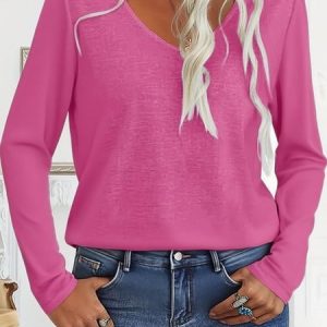 Women Plain Long Sleeve Blouse Spring/Fall V Neck Daily Casual Top, JustFashionNow Shirts, color:Rose Red|size:M,