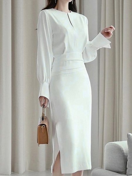 Urban Plain Loose Notched Neck Dress, Midi Dresses, color:White|size:XXL, Stylewe
