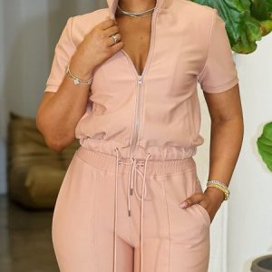 Casual Plain Zipper Stand Collar Blouse, Blouses and Shirts, color:Nudepink|size:XXL, Stylewe
