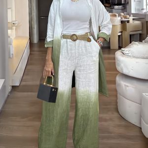 2 Pieces Outfit Turn-down Collar Roll Up Sleeve Button Front Longline Blouse and High Waist Elastic Waist Wide Leg Pants Set Casual Ombre Set without Belt, women Two-piece Sets, ChicMe catalog