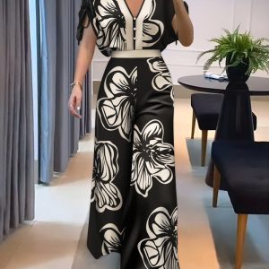 Floral Print V-Neck Batwing Sleeve Drawstring Wide Leg Jumpsuit, women Two-piece Sets, ChicMe catalog