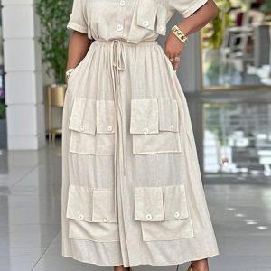 Cotton And Linen Casual Plain Pockets Midi Dress, Midi Dresses, color:Khaki|size:XXL, Stylewe